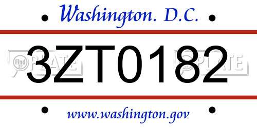 3ZT0182 District Of Columbia License Plate