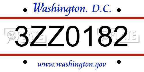 3ZZ0182 District Of Columbia License Plate