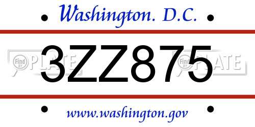 3ZZ875 District Of Columbia License Plate