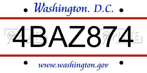 4BAZ874 District Of Columbia License Plate