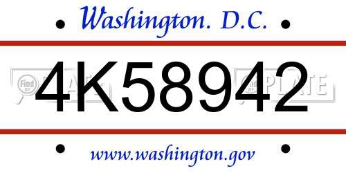 4K58942 District Of Columbia License Plate