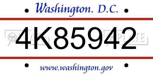 4K85942 District Of Columbia License Plate