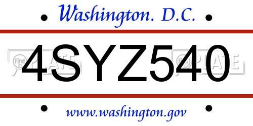 4SYZ540 District Of Columbia License Plate
