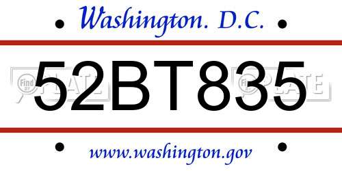 52BT835 District Of Columbia License Plate