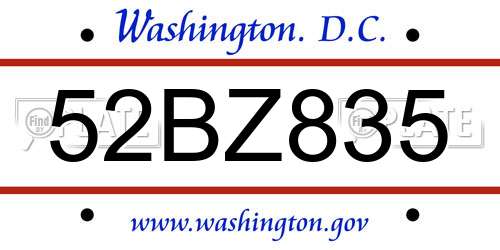 52BZ835 District Of Columbia License Plate