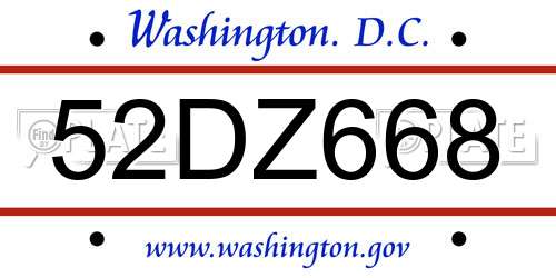 52DZ668 District Of Columbia License Plate