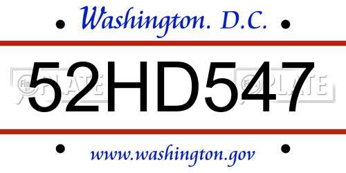 52HD547 District Of Columbia License Plate