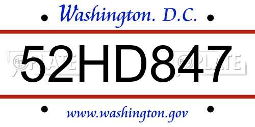 52HD847 District Of Columbia License Plate