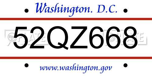 52QZ668 District Of Columbia License Plate