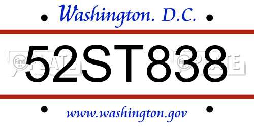 52ST838 District Of Columbia License Plate