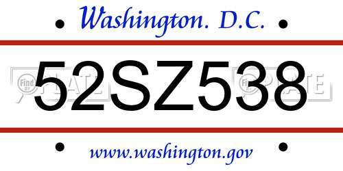 52SZ538 District Of Columbia License Plate