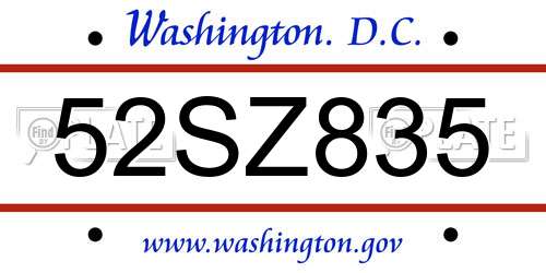 52SZ835 District Of Columbia License Plate