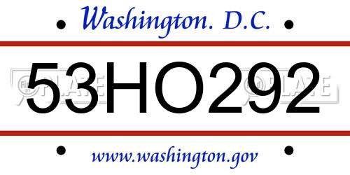 53HO292 District Of Columbia License Plate