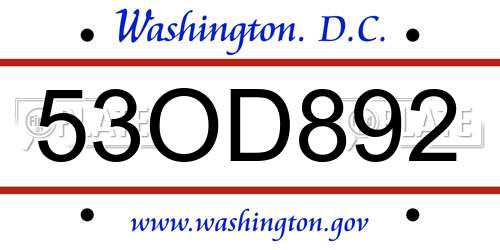 53OD892 District Of Columbia License Plate