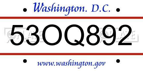 53OQ892 District Of Columbia License Plate