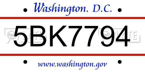 5BK7794 District Of Columbia License Plate