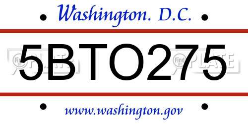 5BTO275 District Of Columbia License Plate