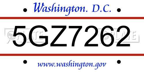 5GZ7262 District Of Columbia License Plate