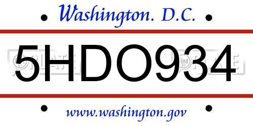 5HDO934 District Of Columbia License Plate