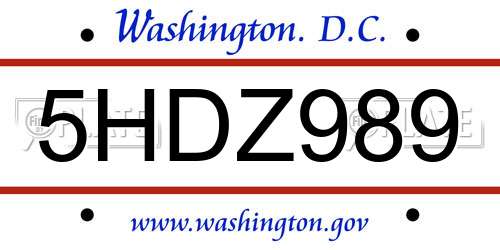5HDZ989 District Of Columbia License Plate