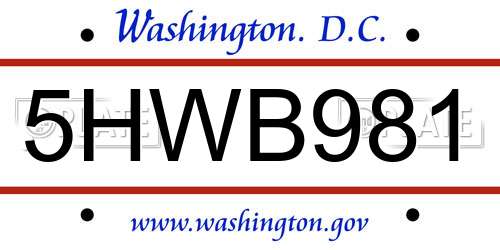 5HWB981 District Of Columbia License Plate