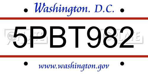 5PBT982 District Of Columbia License Plate