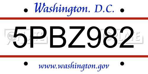 5PBZ982 District Of Columbia License Plate