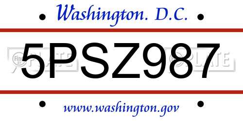 5PSZ987 District Of Columbia License Plate