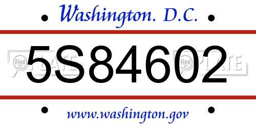 5S84602 District Of Columbia License Plate