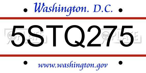 5STQ275 District Of Columbia License Plate