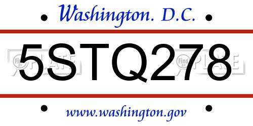 5STQ278 District Of Columbia License Plate