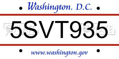 5SVT935 District Of Columbia License Plate