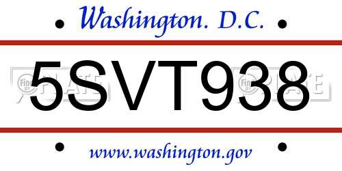 5SVT938 District Of Columbia License Plate