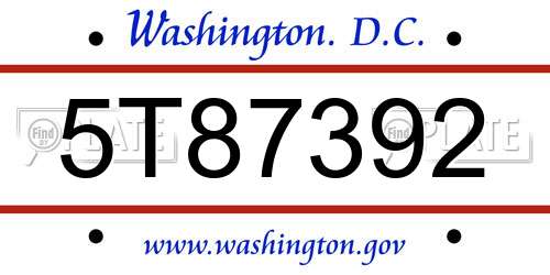 5T87392 District Of Columbia License Plate