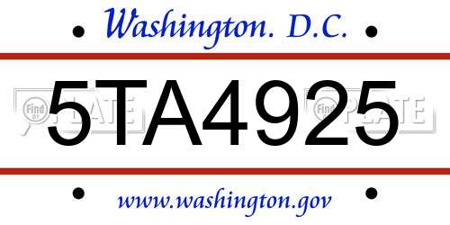 5TA4925 District Of Columbia License Plate