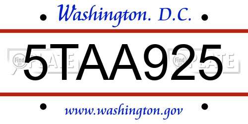 5TAA925 District Of Columbia License Plate