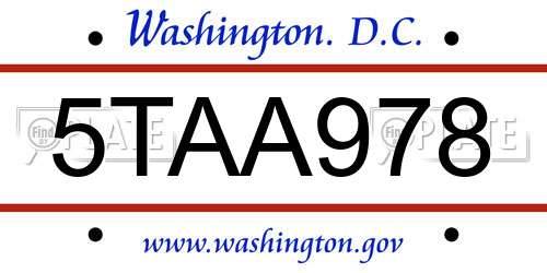 5TAA978 District Of Columbia License Plate