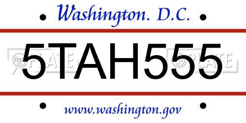5TAH555 District Of Columbia License Plate