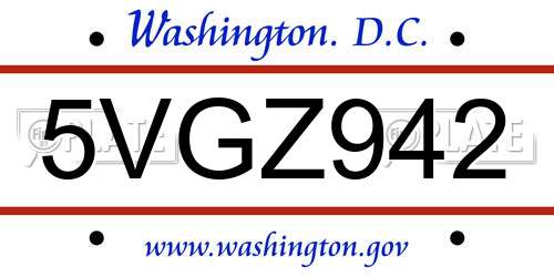 5VGZ942 District Of Columbia License Plate