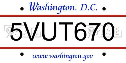 5VUT670 District Of Columbia License Plate