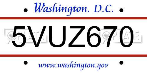 5VUZ670 District Of Columbia License Plate
