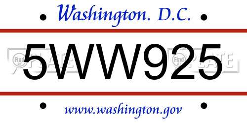 5WW925 District Of Columbia License Plate