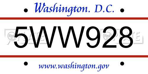 5WW928 District Of Columbia License Plate