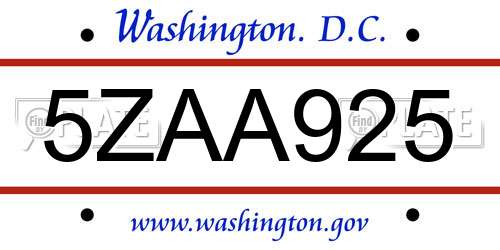 5ZAA925 District Of Columbia License Plate