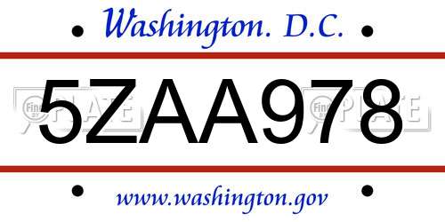 5ZAA978 District Of Columbia License Plate