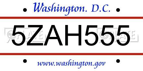 5ZAH555 District Of Columbia License Plate
