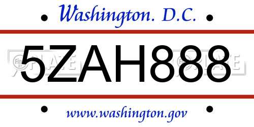 5ZAH888 District Of Columbia License Plate