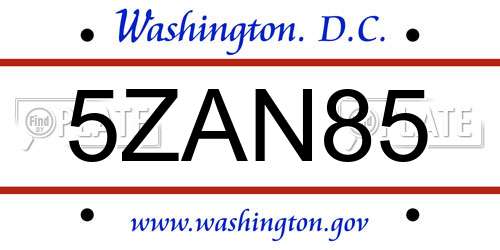5ZAN85 District Of Columbia License Plate