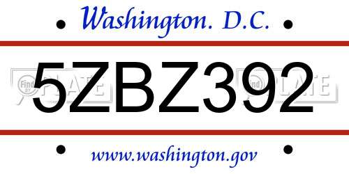 5ZBZ392 District Of Columbia License Plate