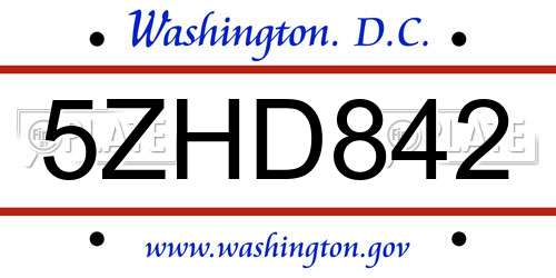 5ZHD842 District Of Columbia License Plate
